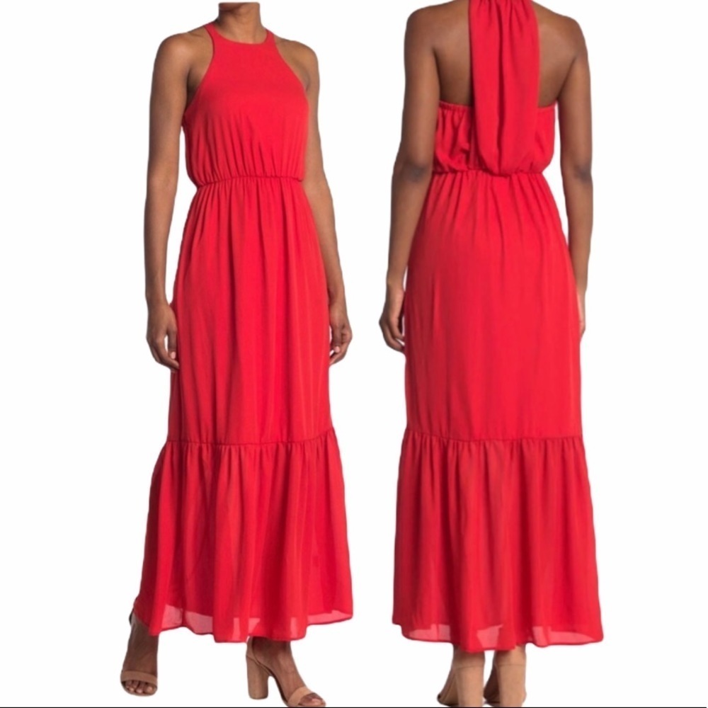NSR Gwen Tiered Halter Maxi Dress Red XL